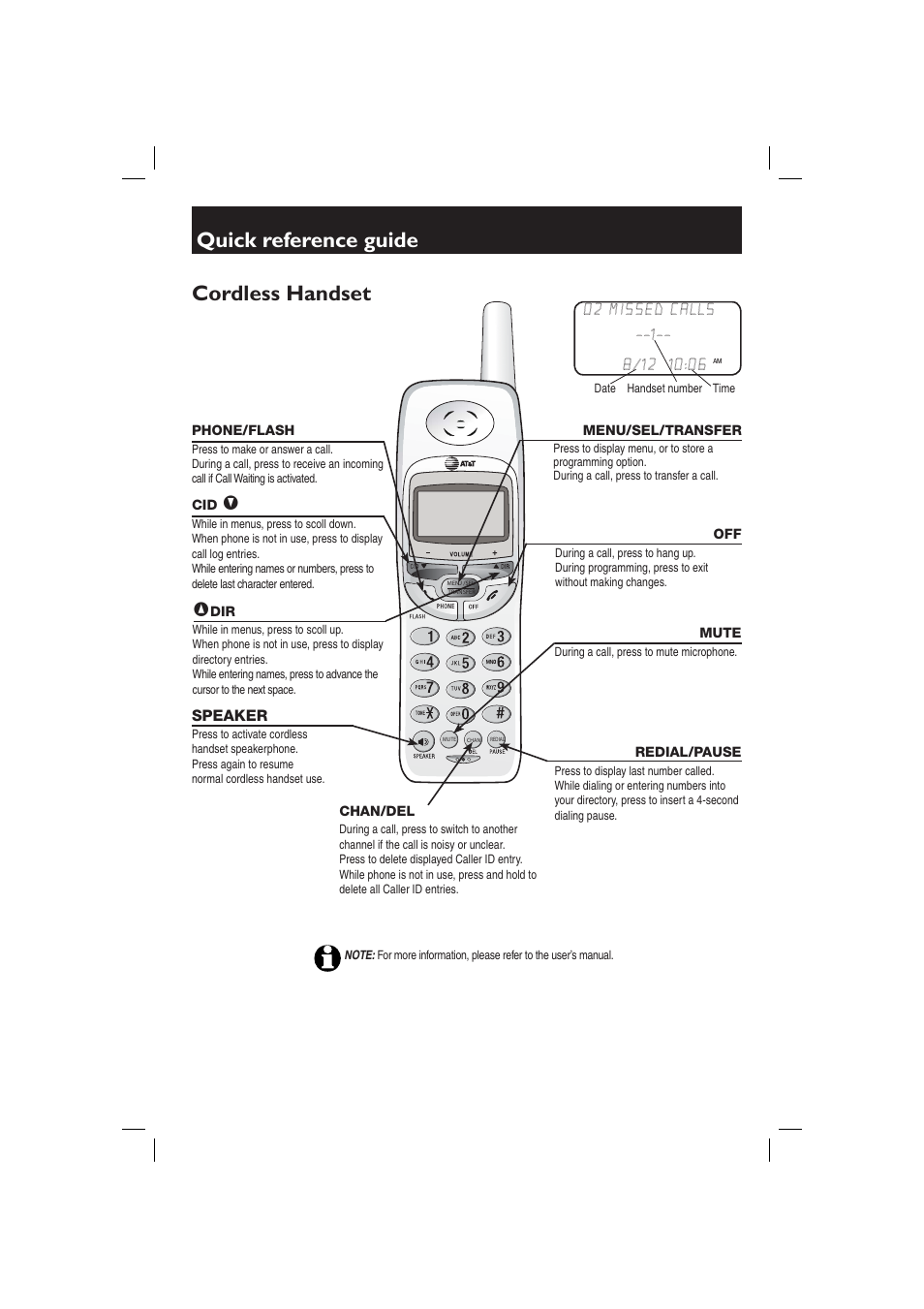 Quick reference guide, Cordless handset | AT&T E1128B User Manual | Page 3 / 6