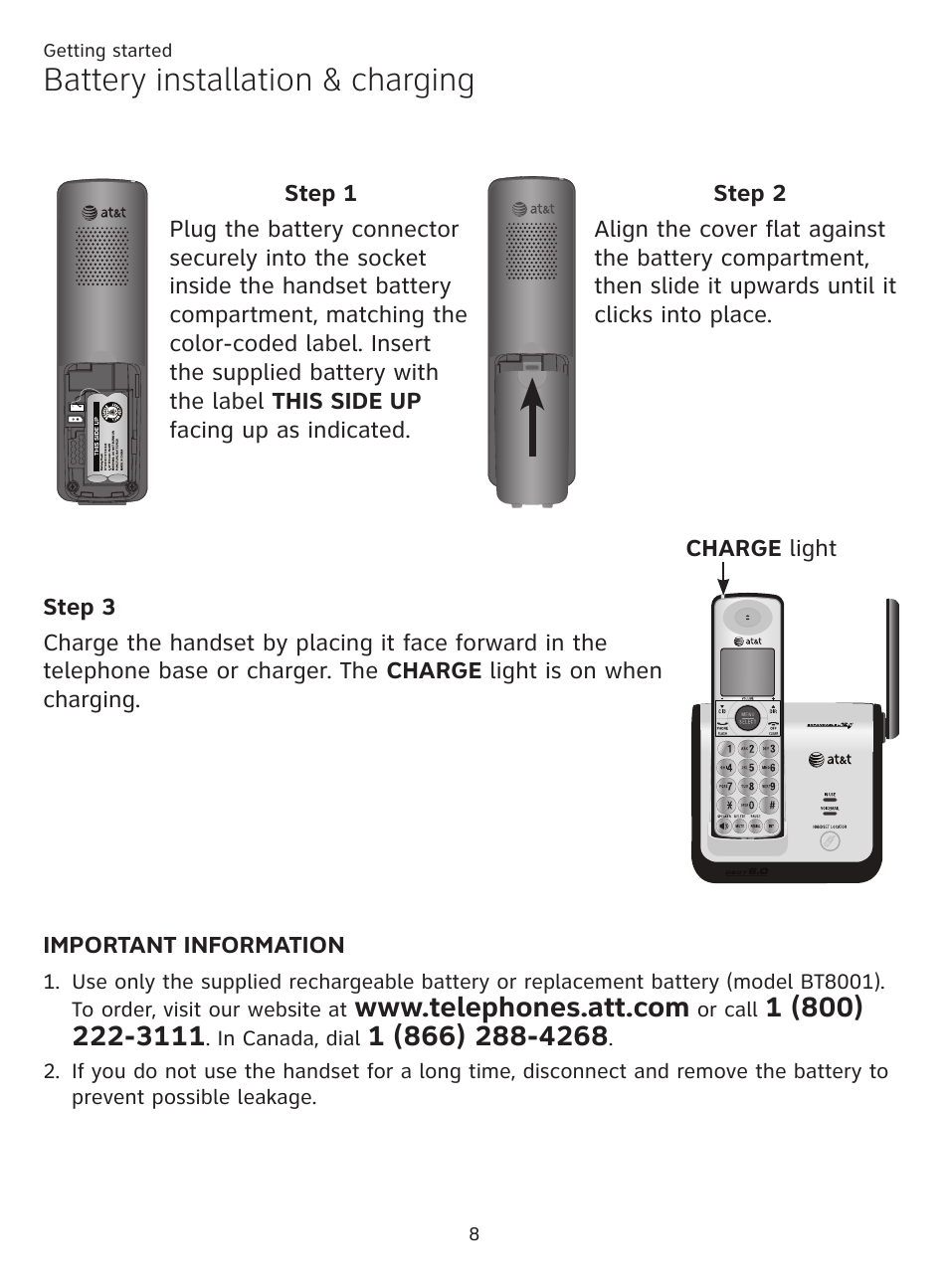 Battery installation & charging | AT&T CL81219 User Manual | Page 13 / 66