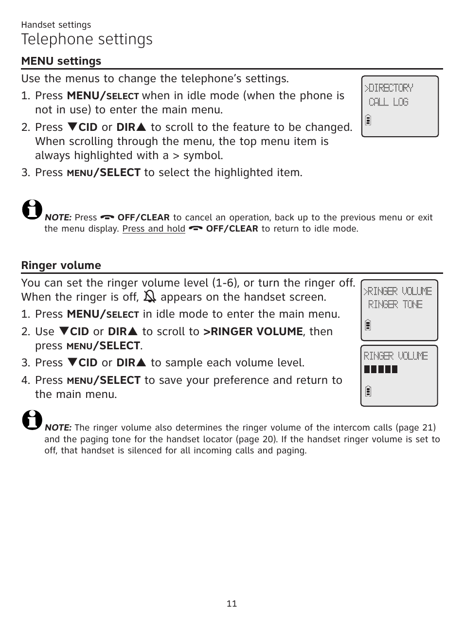 Handset settings, Telephone settings, Menu settings | Ringer volume, Menu settings ringer volume | AT&T CL81219 User Manual | Page 16 / 66