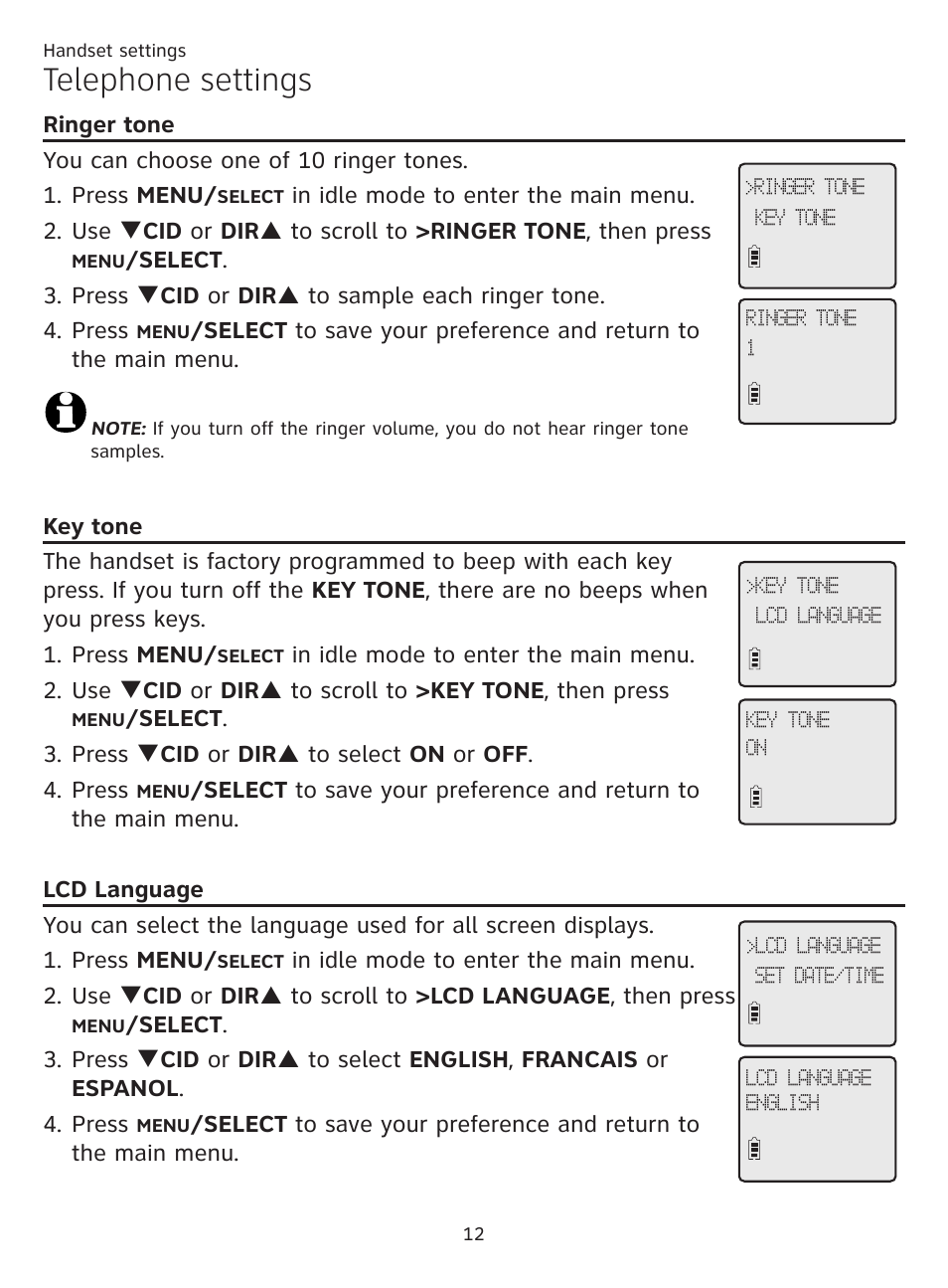 Ringer tone, Key tone, Lcd language | Ringer tone key tone lcd language, Telephone settings | AT&T CL81219 User Manual | Page 17 / 66