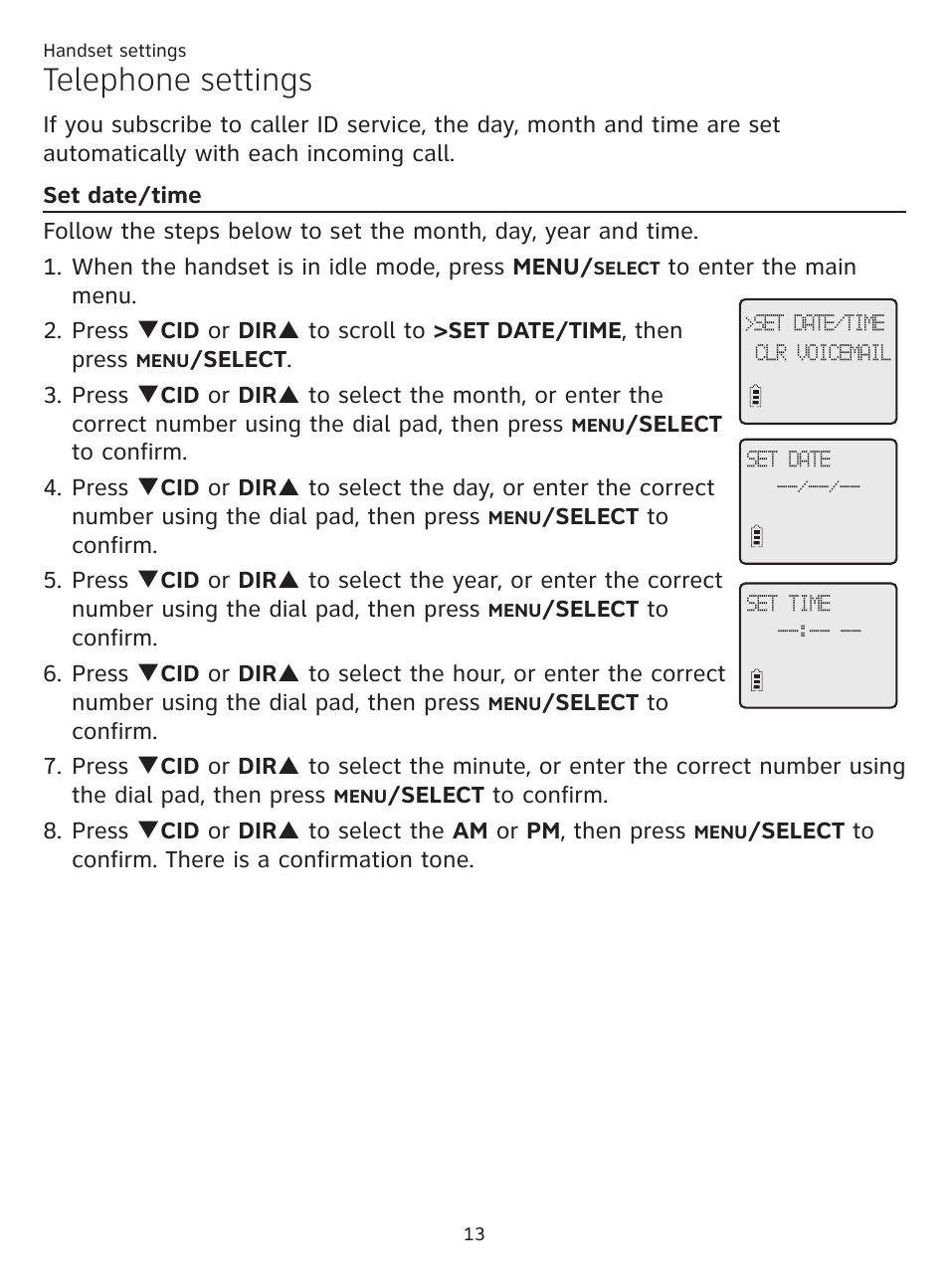 Set date/time, Telephone settings | AT&T CL81219 User Manual | Page 18 / 66