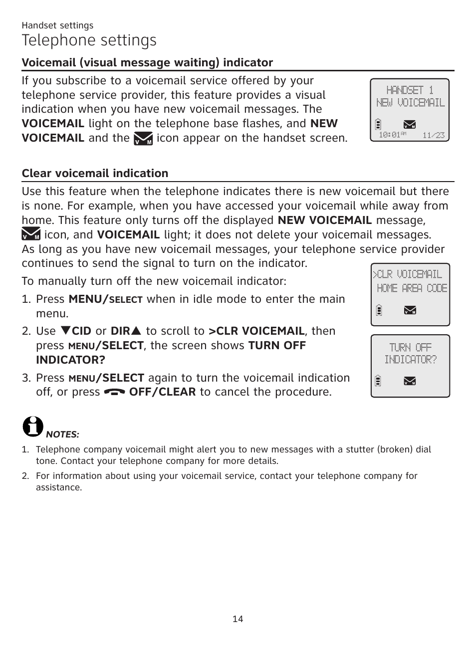 Voicemail (visual message waiting) indicator, Clear voicemail indication, Voicemail (visual message waiting) | Indicator, Telephone settings | AT&T CL81219 User Manual | Page 19 / 66