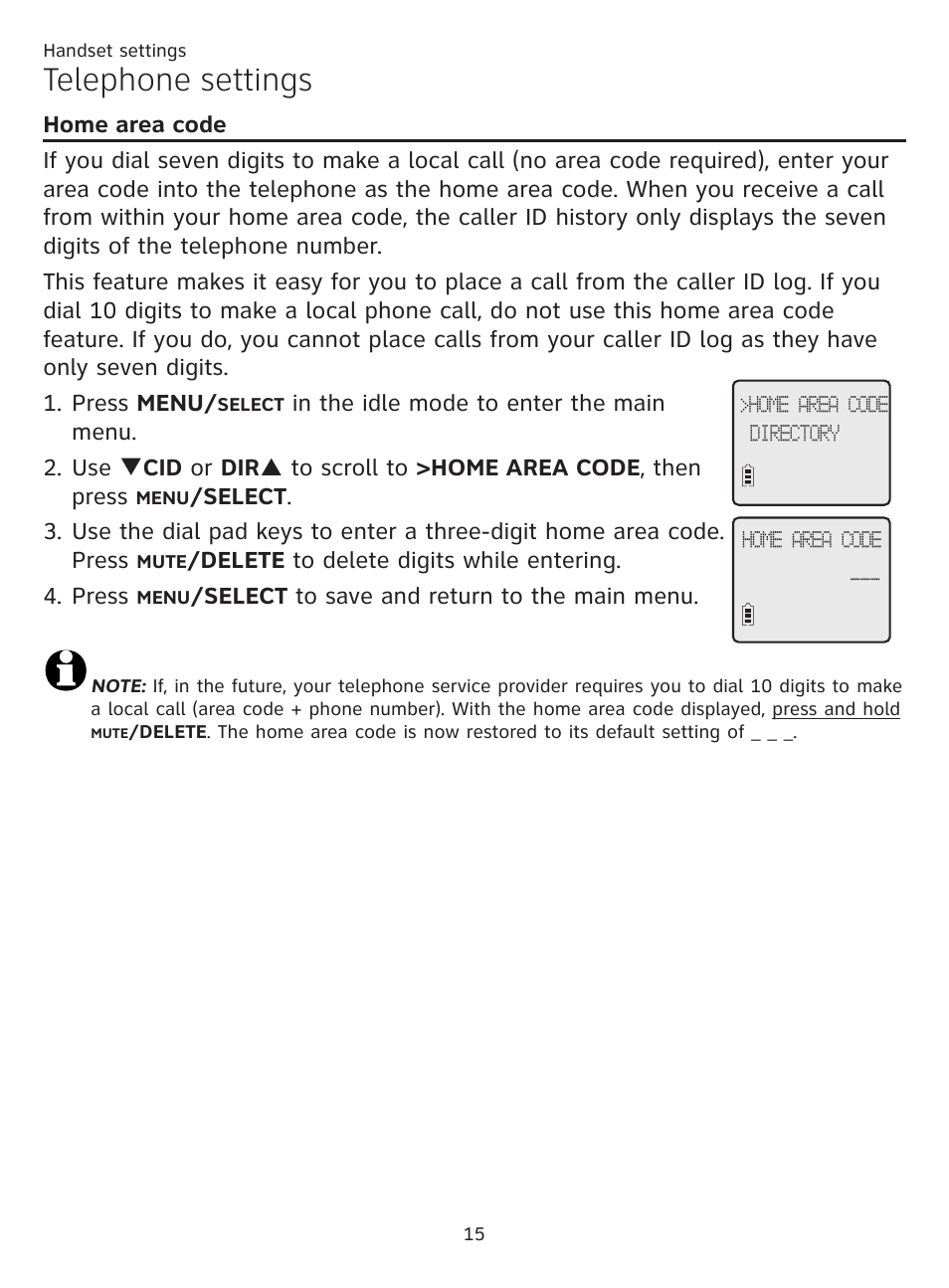 Home area code, Telephone settings | AT&T CL81219 User Manual | Page 20 / 66