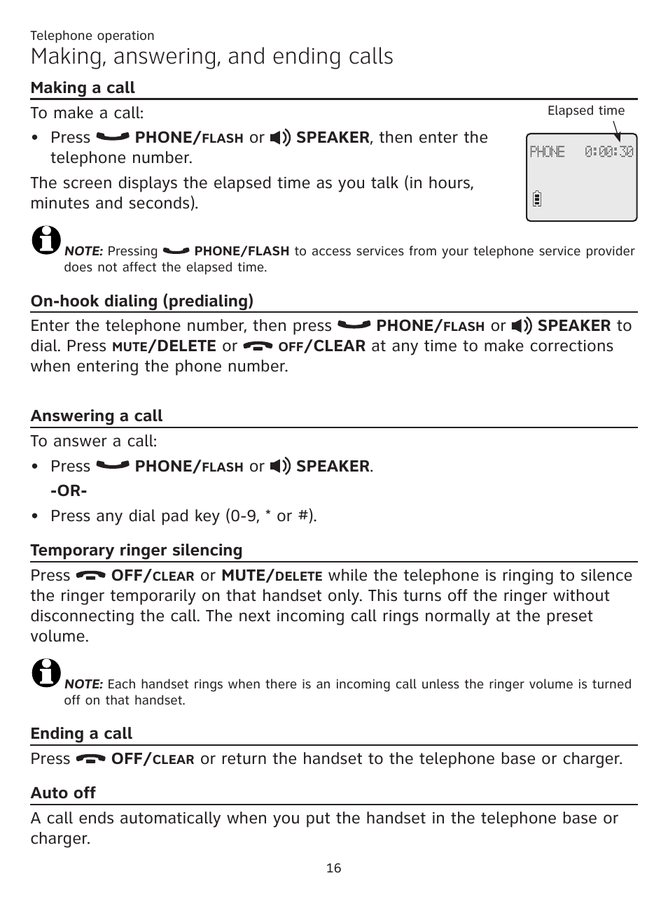 Telephone operation, Making, answering, and ending calls, Making a call | On-hook dialing (predialing), Answering a call, Temporary ringer silencing, Ending a call, Auto off, Ending a call auto off | AT&T CL81219 User Manual | Page 21 / 66