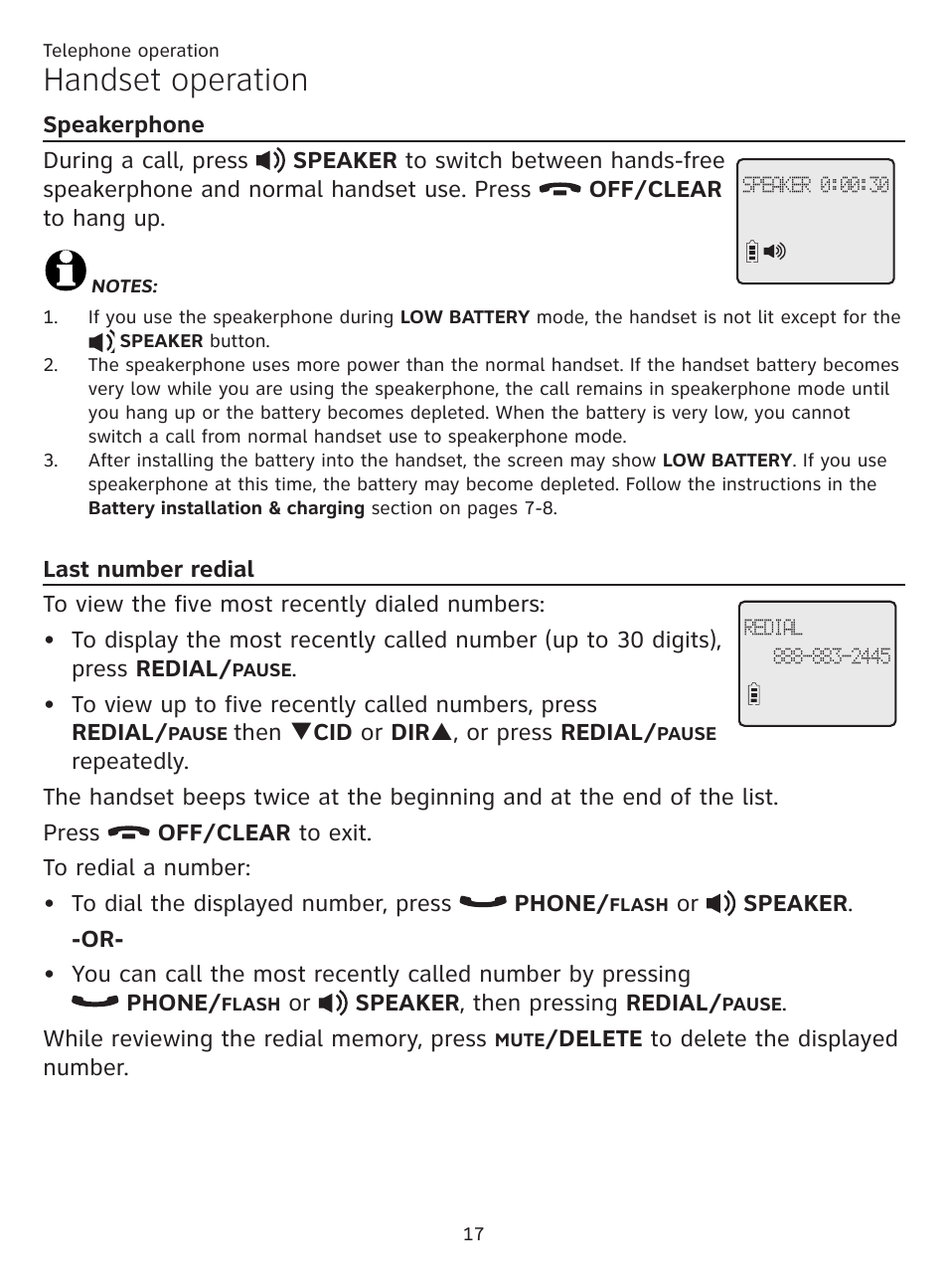 Handset operation, Speakerphone, Last number redial | Speakerphone last number redial | AT&T CL81219 User Manual | Page 22 / 66