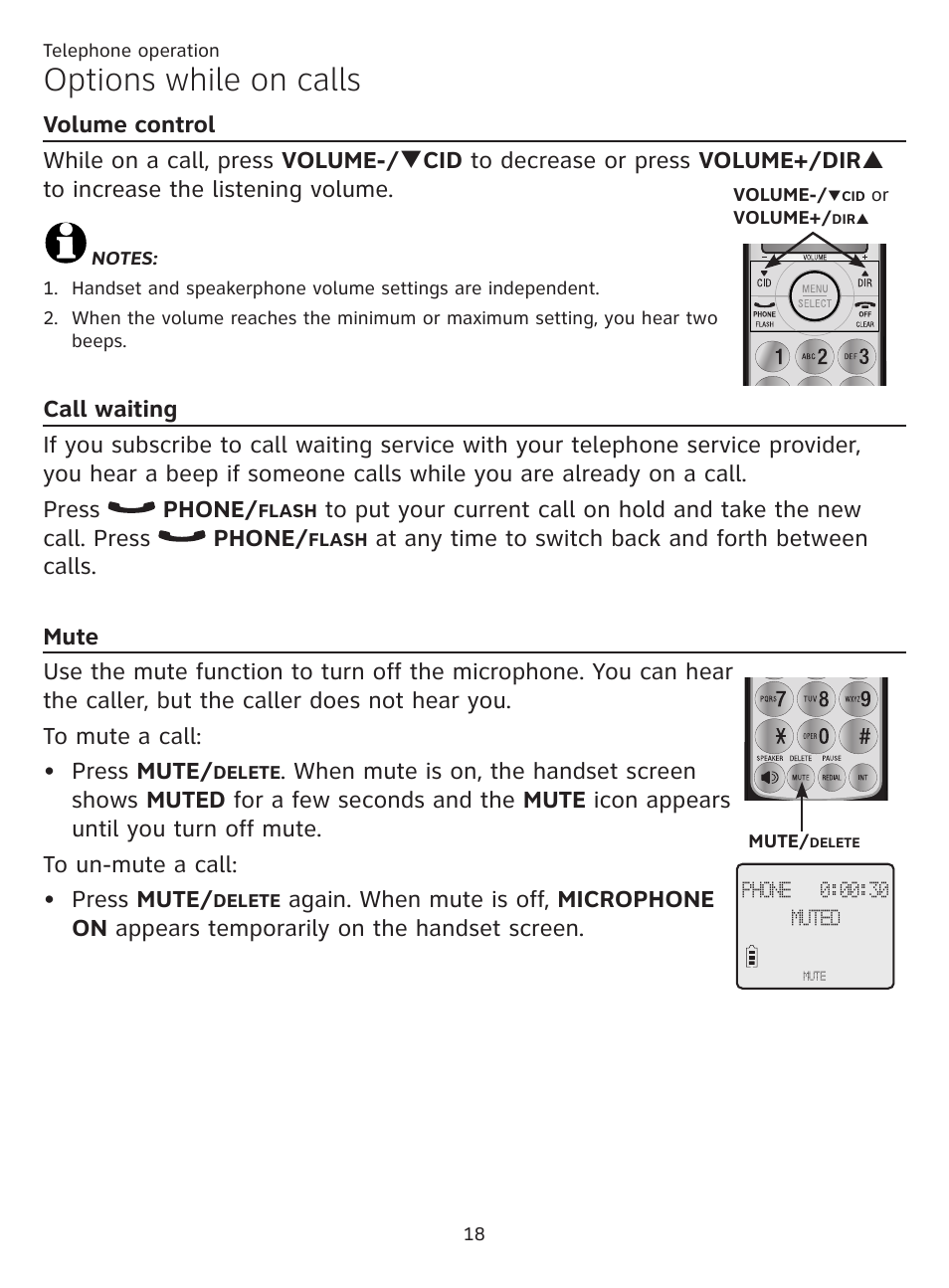 Options while on calls, Volume control, Call waiting | Mute, Volume control call waiting mute | AT&T CL81219 User Manual | Page 23 / 66