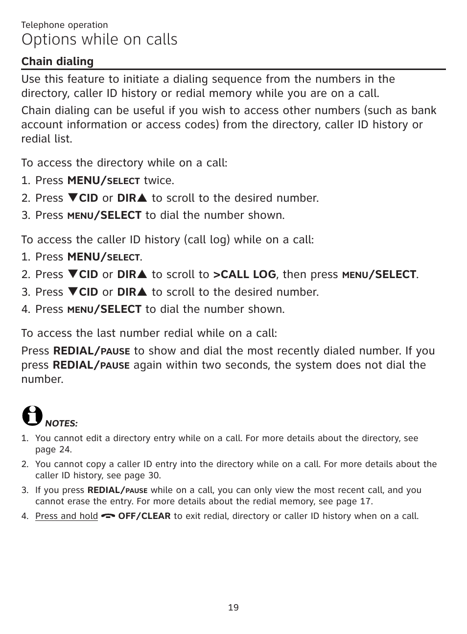 Chain dialing, Options while on calls | AT&T CL81219 User Manual | Page 24 / 66