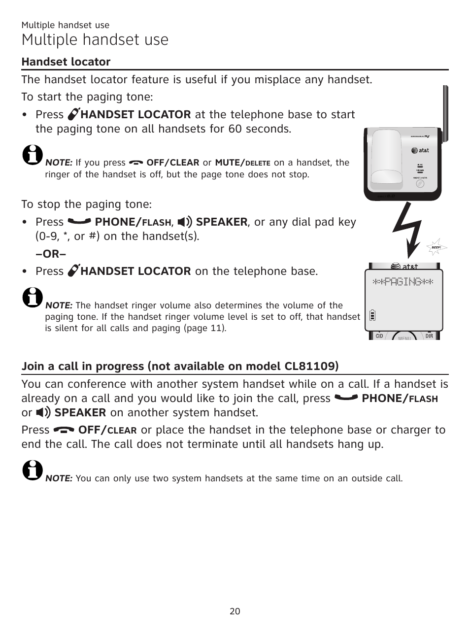 Multiple handset use, Handset locator, Handset locator join a call in progress | AT&T CL81219 User Manual | Page 25 / 66