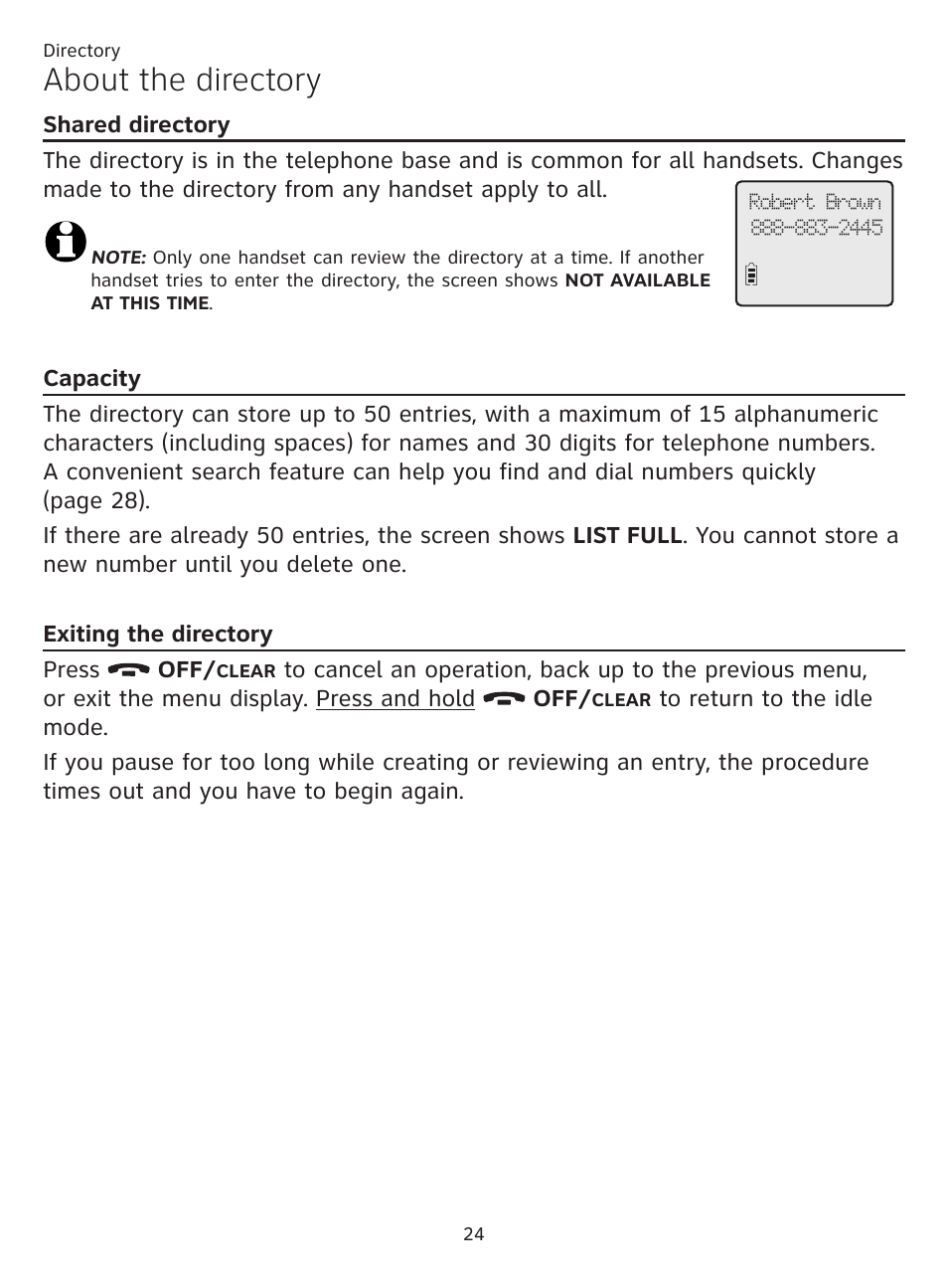 Directory, About the directory, Shared directory | Capacity, Exiting the directory, Shared directory capacity exiting the directory | AT&T CL81219 User Manual | Page 29 / 66