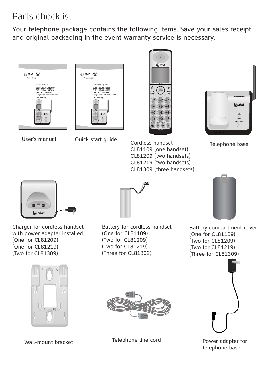 Parts checklist | AT&T CL81219 User Manual | Page 3 / 66