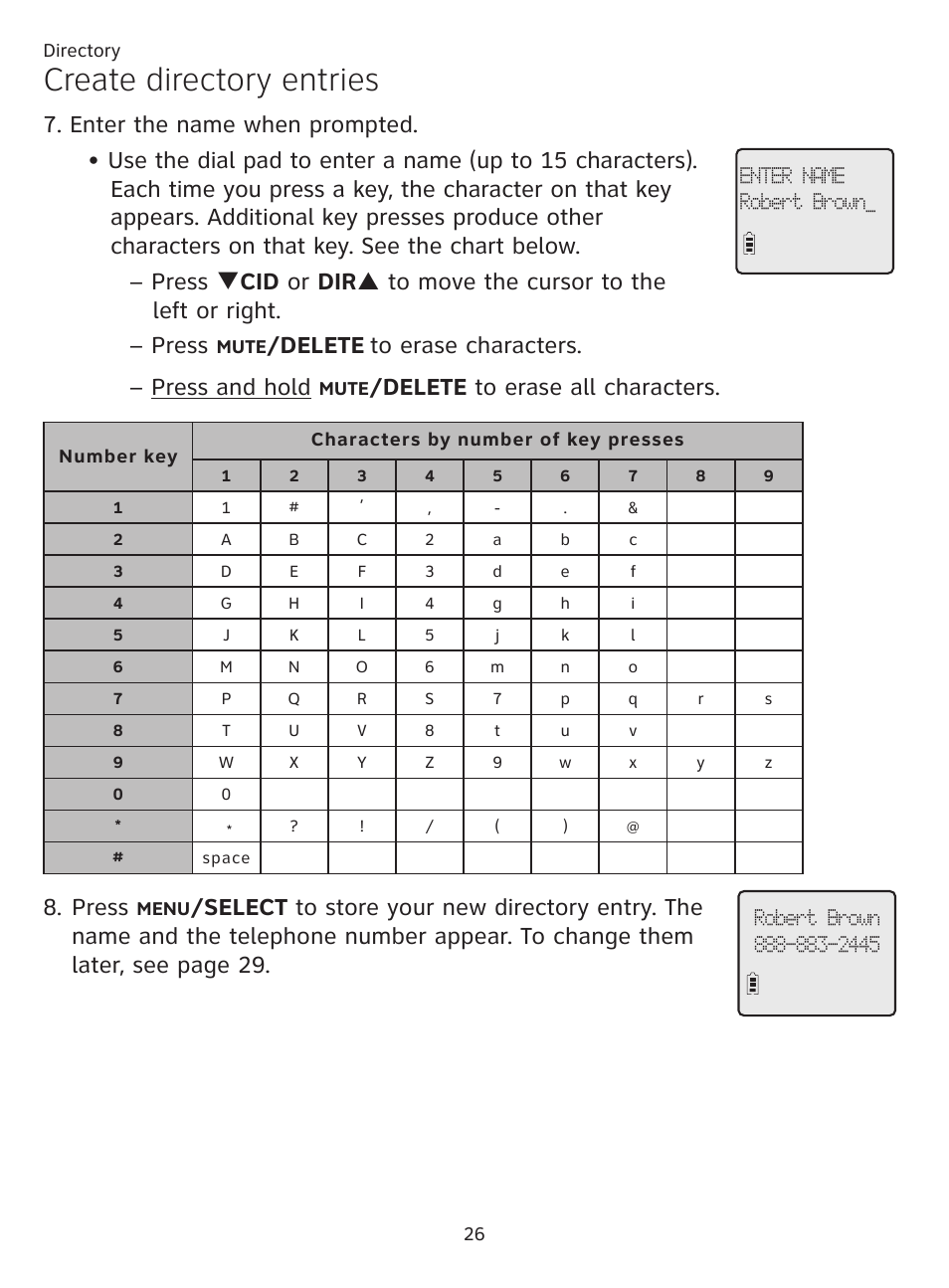 Create directory entries, Delete, Delete to erase all characters | Press | AT&T CL81219 User Manual | Page 31 / 66