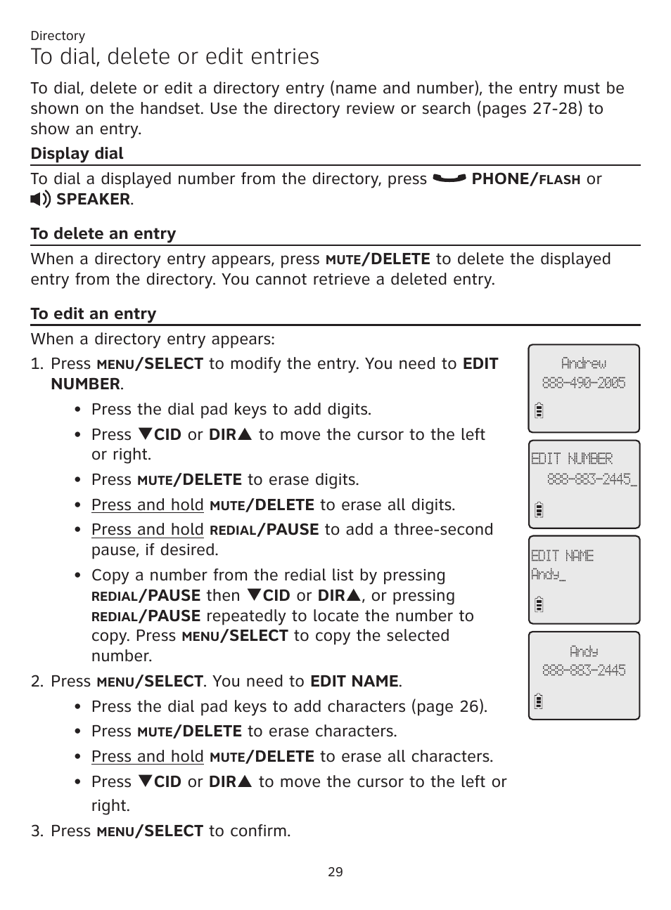 To dial, delete or edit entries, Display dial, To delete an entry | To edit an entry, To delete an entry to edit an entry | AT&T CL81219 User Manual | Page 34 / 66