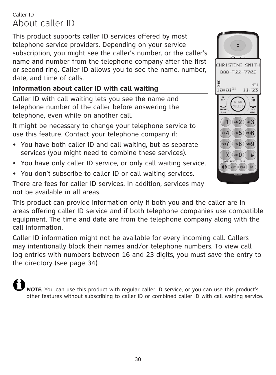 Caller id, About caller id, Information about caller id with call waiting | Information about caller id with call, Waiting | AT&T CL81219 User Manual | Page 35 / 66