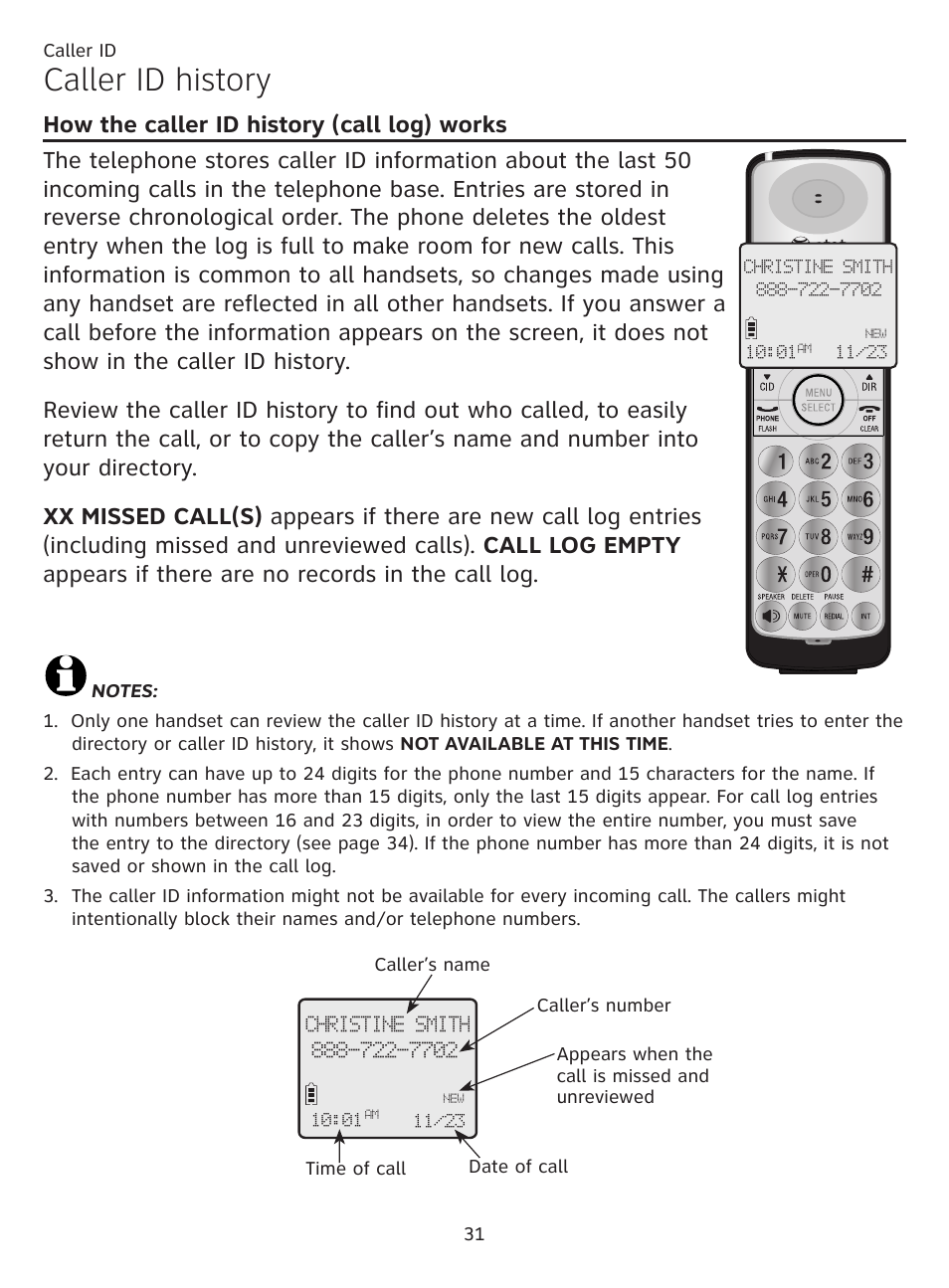 Caller id history, How the caller id history (call log) works, How the caller id history (call log) | Works | AT&T CL81219 User Manual | Page 36 / 66