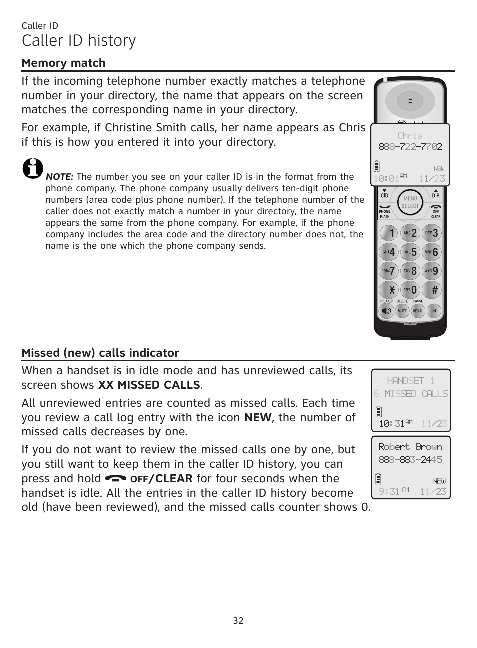 Memory match, Missed (new) calls indicator, Memory match missed (new) calls indicator | Caller id history | AT&T CL81219 User Manual | Page 37 / 66