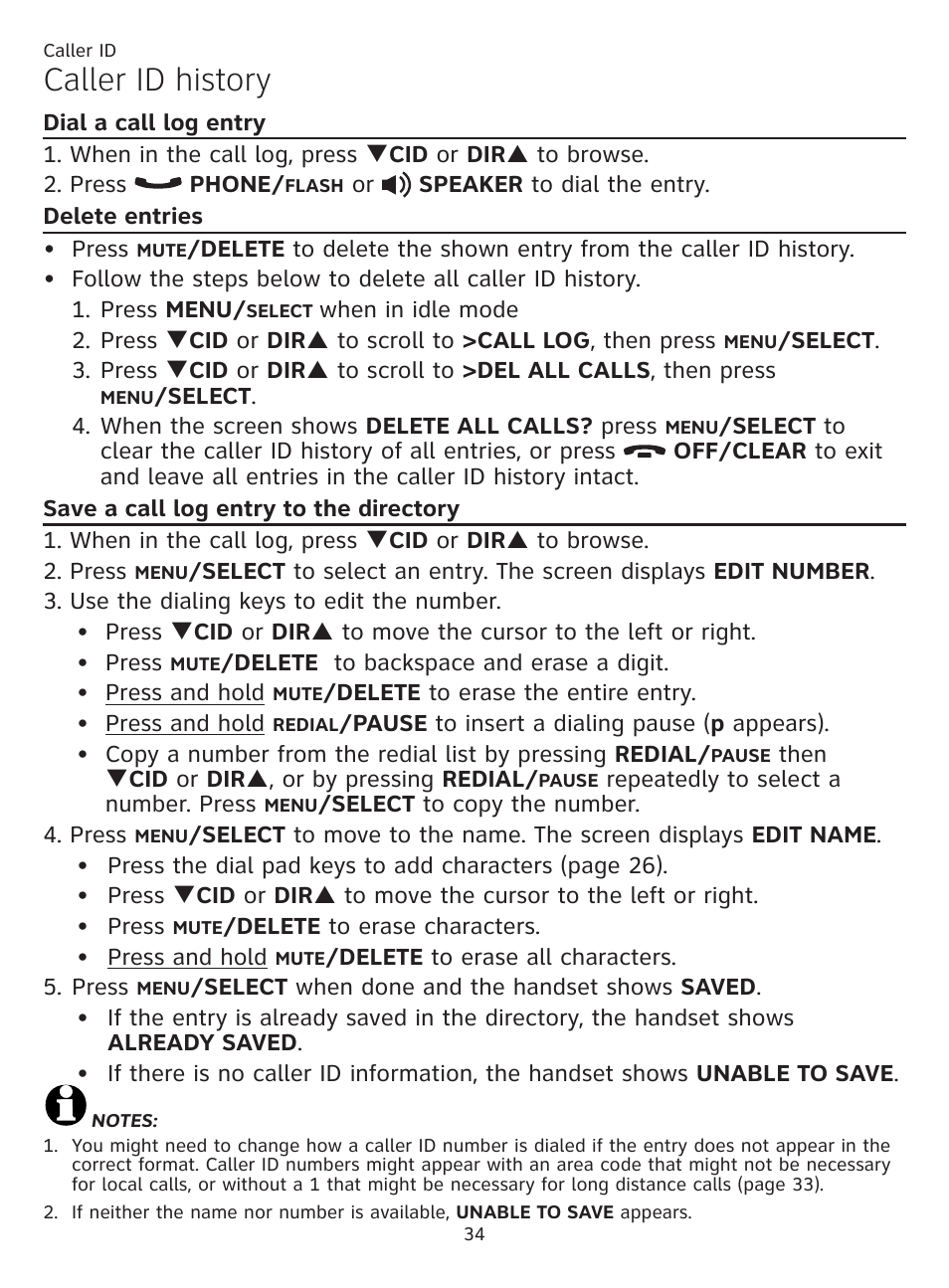 Dial a call log entry, Delete entries, Save a call log entry to the directory | Directory, Caller id history | AT&T CL81219 User Manual | Page 39 / 66
