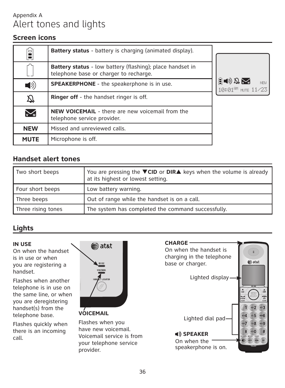 Appendix a, Alert tones and lights, Screen icons | Handset alert tones, Lights, Screen icons handset alert tones lights | AT&T CL81219 User Manual | Page 41 / 66