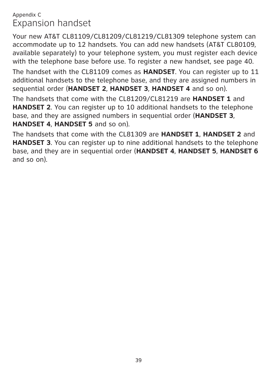 Appendix c, Expansion handset | AT&T CL81219 User Manual | Page 44 / 66