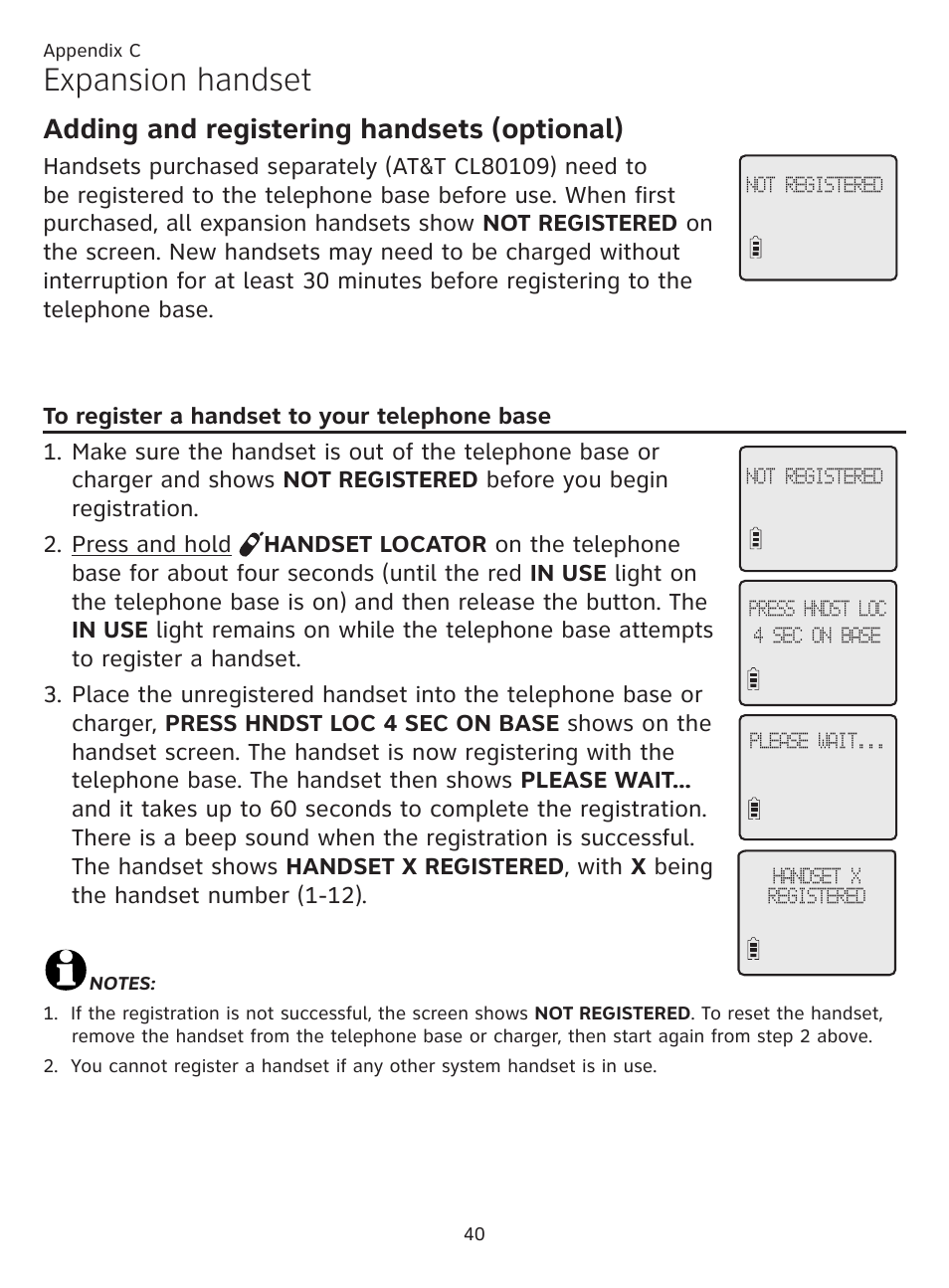 To register a handset to your telephone base, To register a handset to your, Telephone base | Expansion handset, Adding and registering handsets (optional) | AT&T CL81219 User Manual | Page 45 / 66