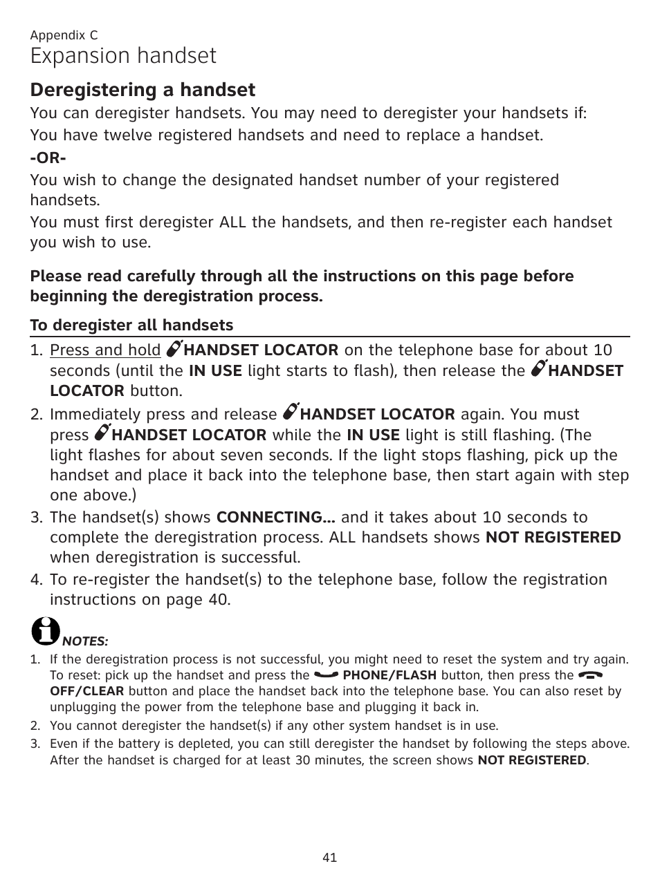 To de-register all handsets, To deregister all handsets, Expansion handset | Deregistering a handset | AT&T CL81219 User Manual | Page 46 / 66