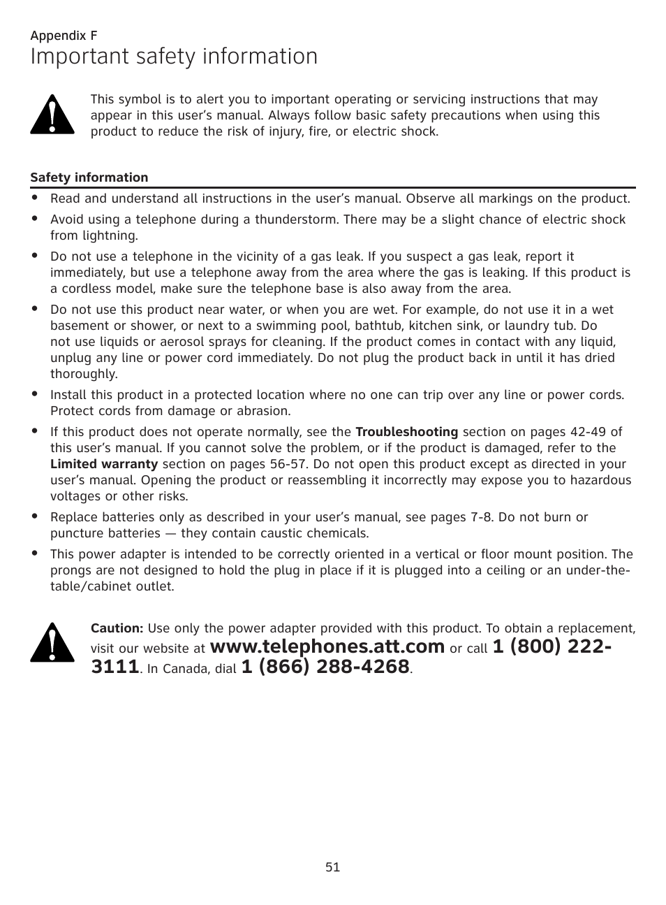 Appendix f, Important safety information, Safety information | AT&T CL81219 User Manual | Page 56 / 66