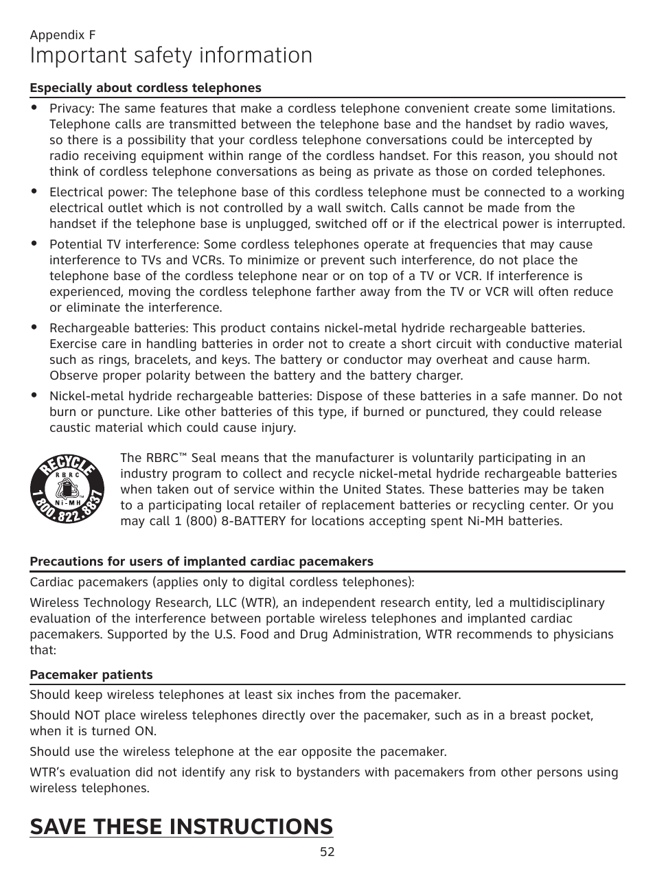 Especially about cordless telephones, Pacemaker patients, Especially about cordless | Telephones, Precautions for users of implanted, Cardiac pacemakers, Important safety information, Save these instructions | AT&T CL81219 User Manual | Page 57 / 66