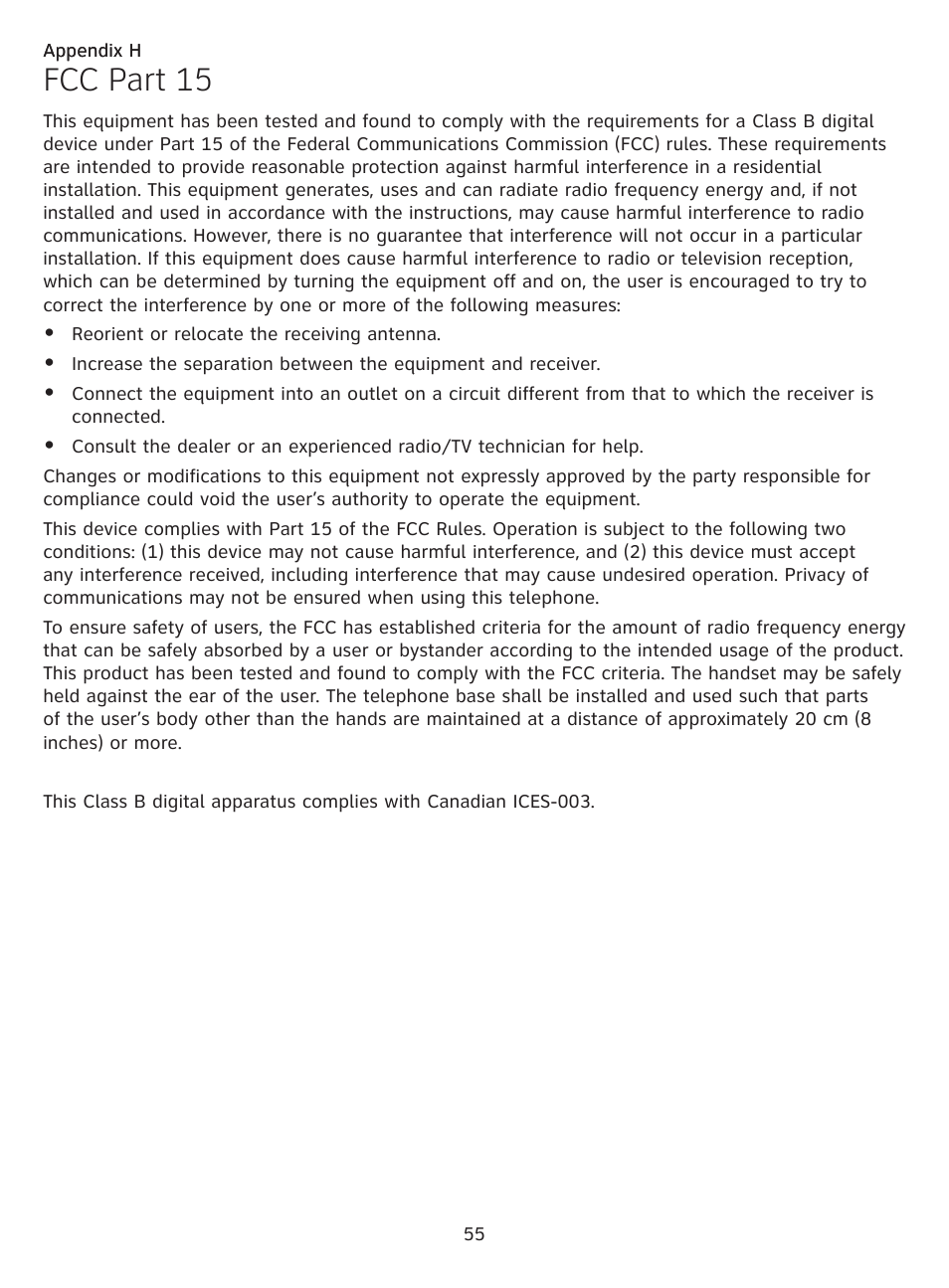 Appendix h, Fcc part 15 | AT&T CL81219 User Manual | Page 60 / 66