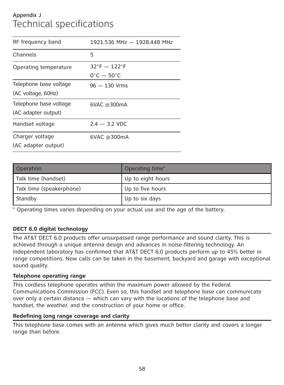 Appendix j, Technical specifications, Dect 6.0 digital technology | Telephone operating range, Redefining long range coverage and clarity, Clarity | AT&T CL81219 User Manual | Page 63 / 66