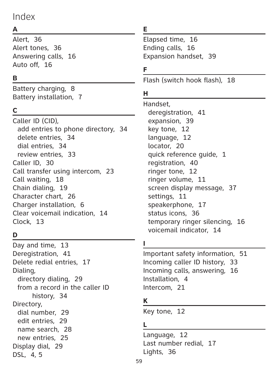 Index | AT&T CL81219 User Manual | Page 64 / 66