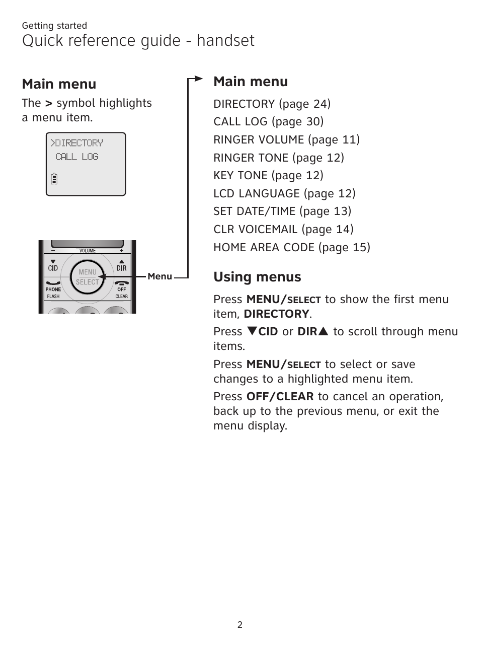 Quick reference guide - handset, Main menu, Using menus | AT&T CL81219 User Manual | Page 7 / 66