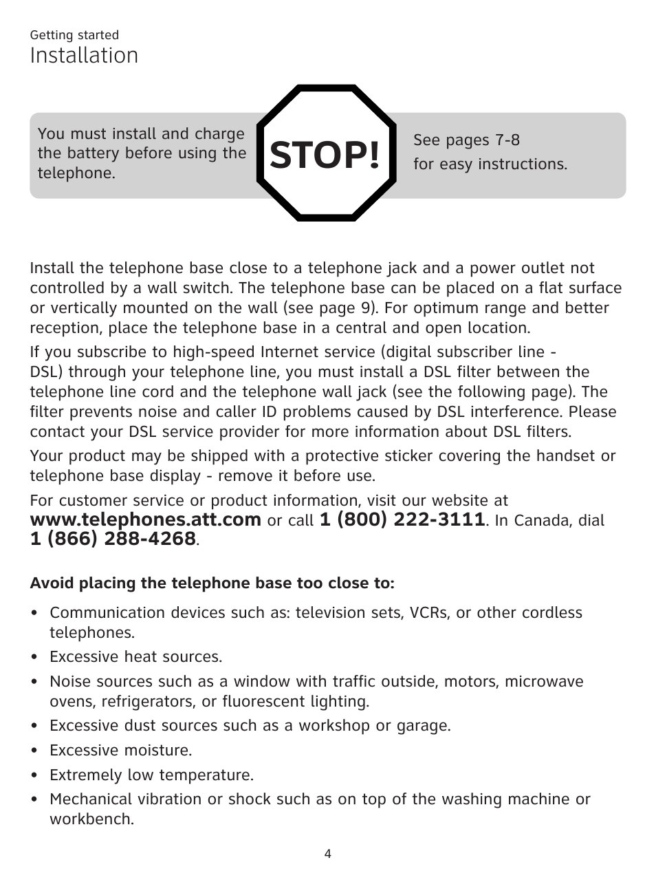 Installation, Stop | AT&T CL81219 User Manual | Page 9 / 66