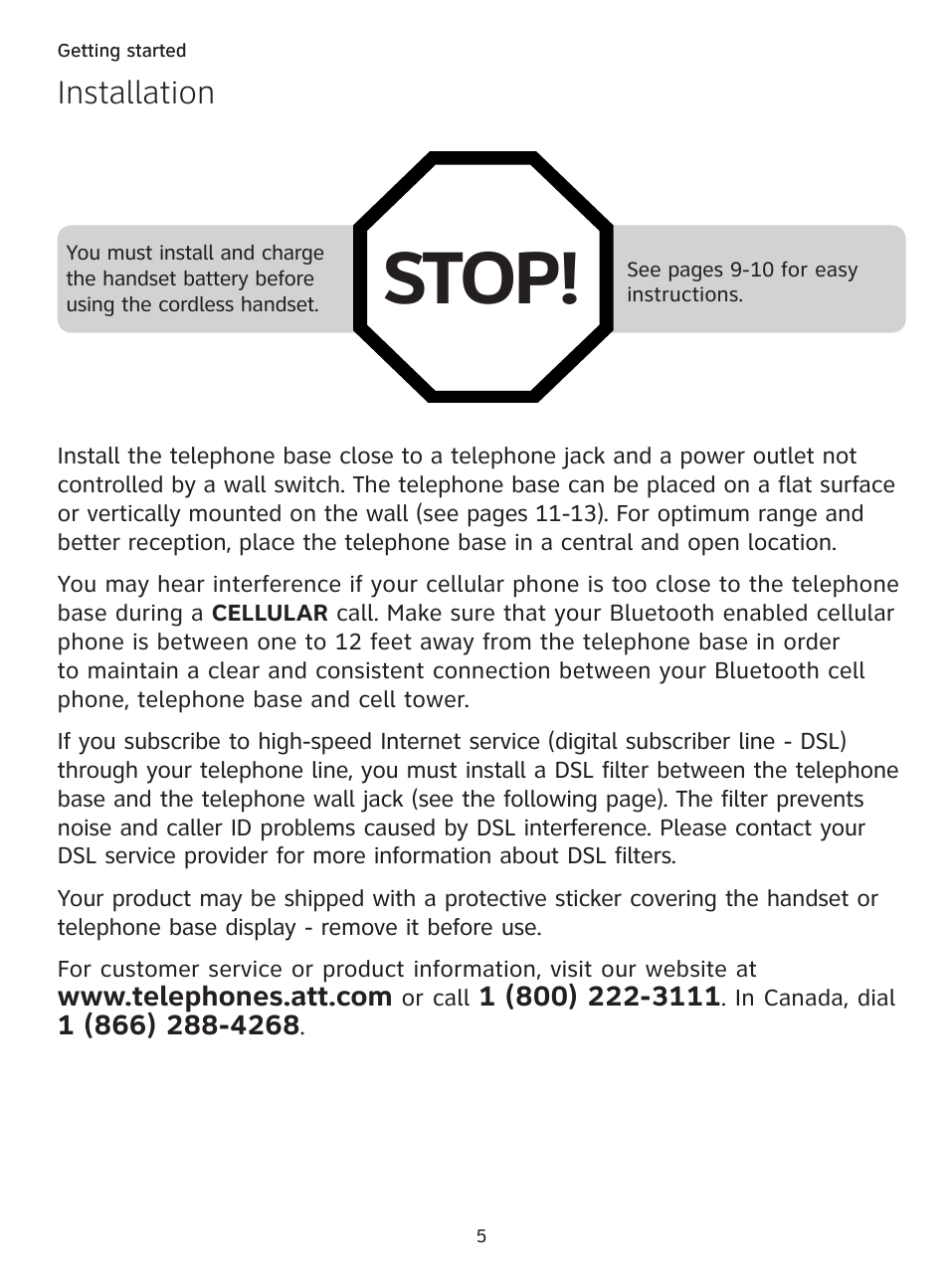 Stop, Installation | AT&T DECT TL9178 User Manual | Page 10 / 91