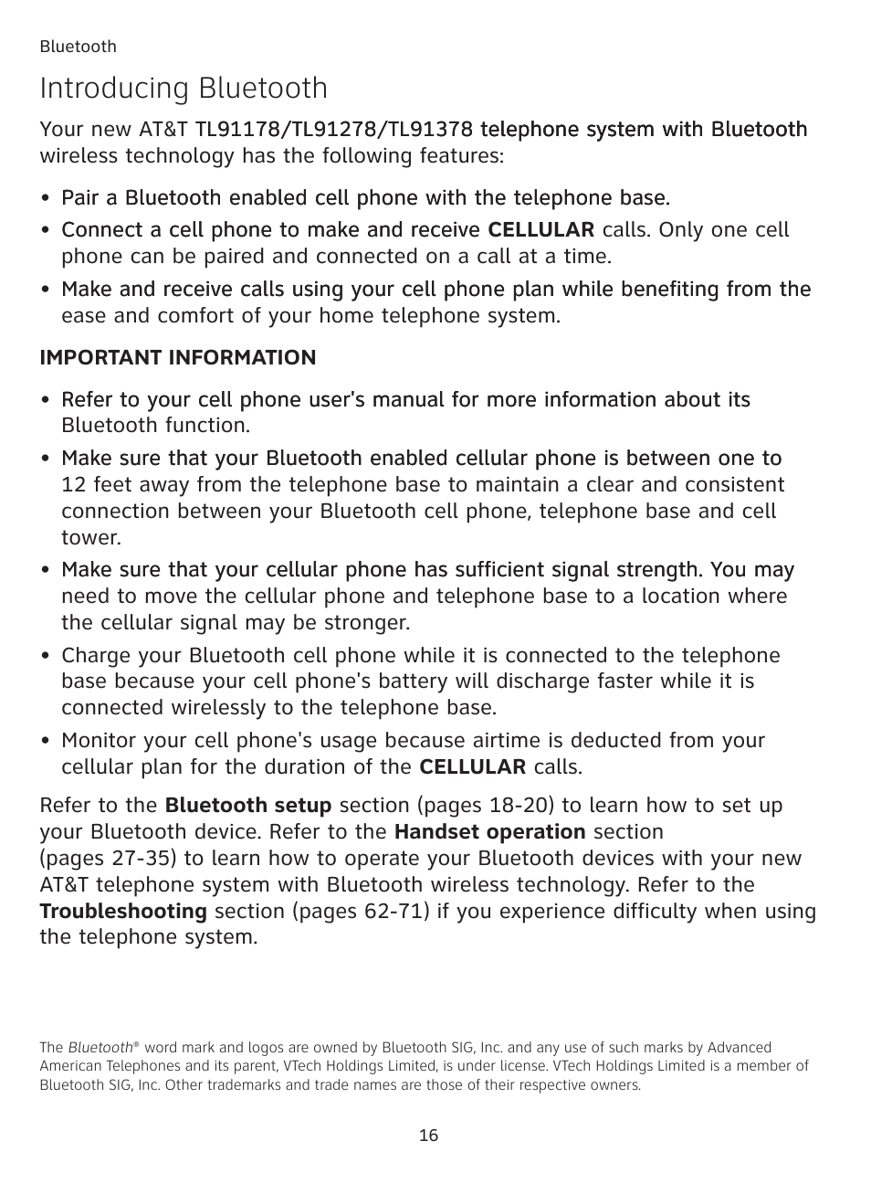 Introducing bluetooth | AT&T DECT TL9178 User Manual | Page 21 / 91