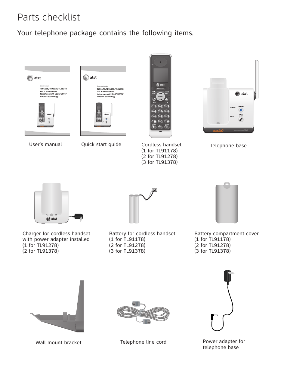 Parts checklist | AT&T DECT TL9178 User Manual | Page 3 / 91