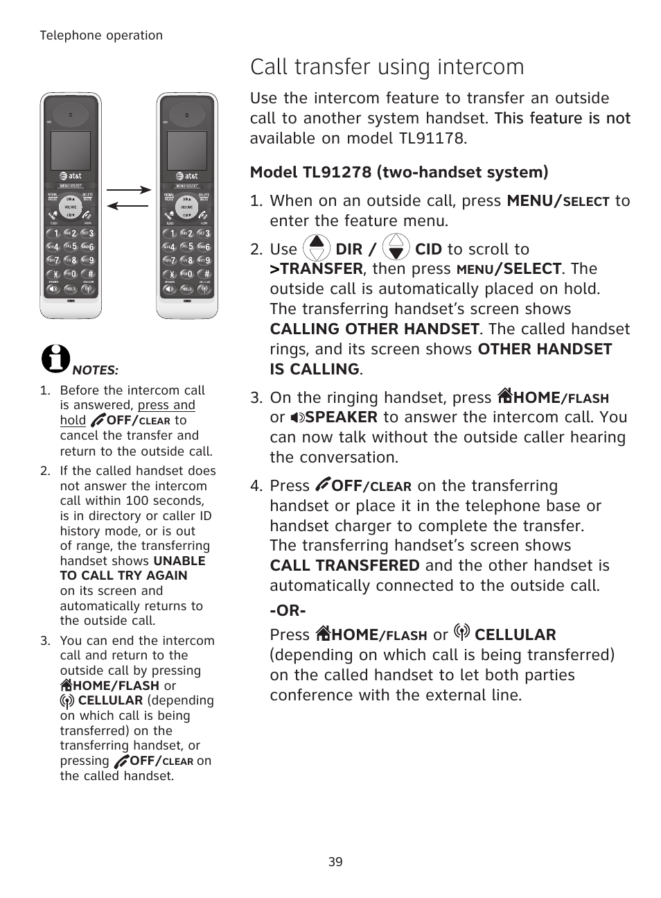 Call transfer using intercom | AT&T DECT TL9178 User Manual | Page 44 / 91