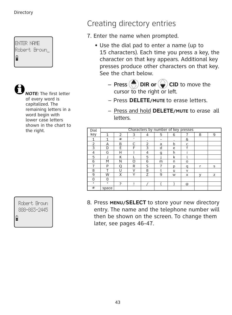 Creating directory entries, Select | AT&T DECT TL9178 User Manual | Page 48 / 91