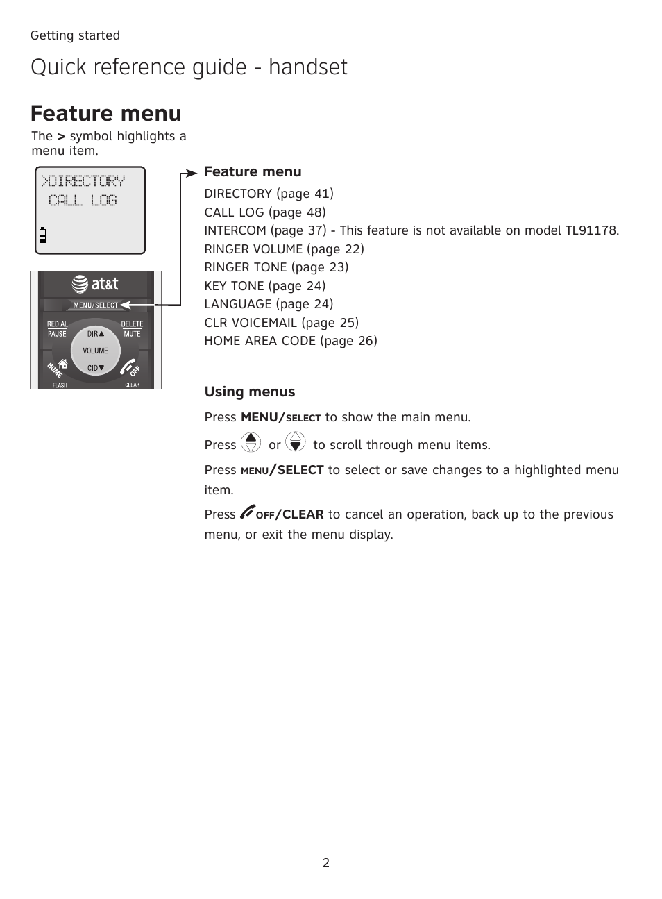 Feature menu, Quick reference guide � handset | AT&T DECT TL9178 User Manual | Page 7 / 91