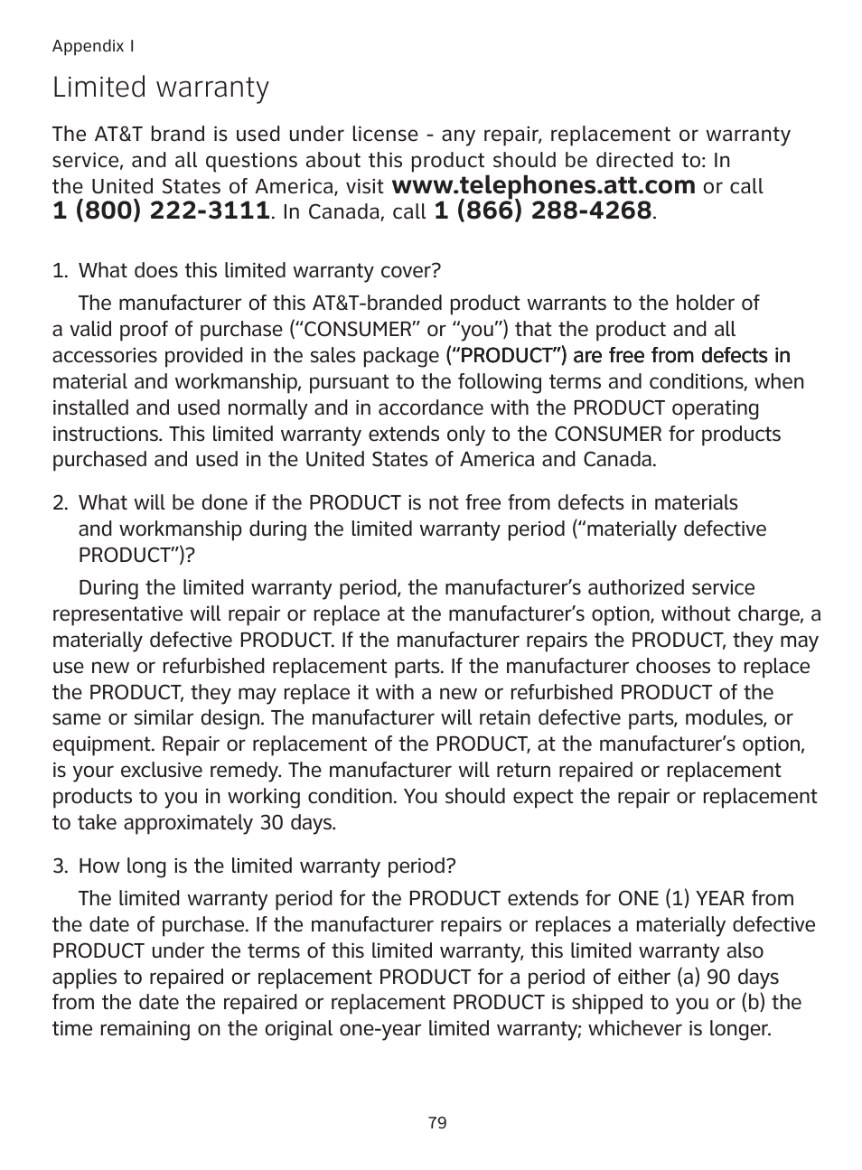 Limited warranty | AT&T DECT TL9178 User Manual | Page 84 / 91
