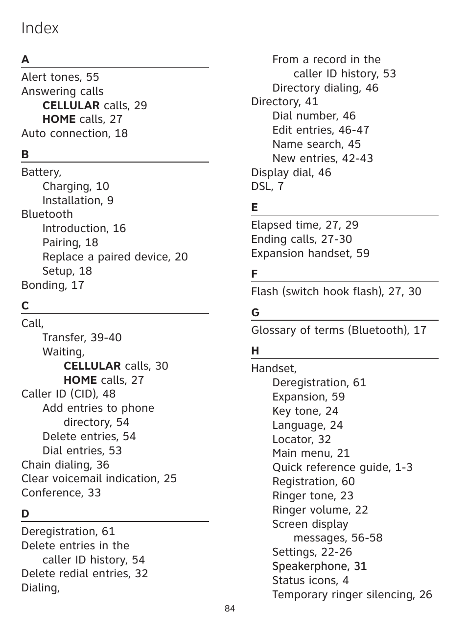 Index | AT&T DECT TL9178 User Manual | Page 89 / 91