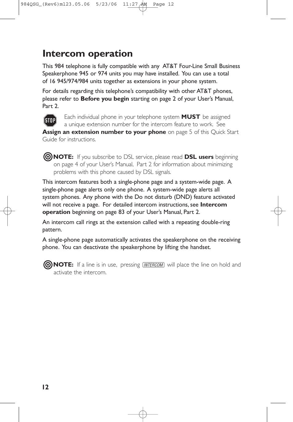 Intercom operation | AT&T 984 User Manual | Page 12 / 15