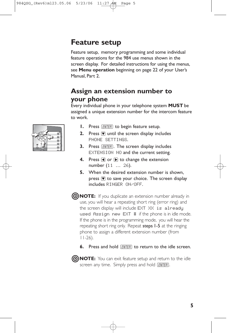 Feature setup, Assign an extension number to your phone | AT&T 984 User Manual | Page 5 / 15