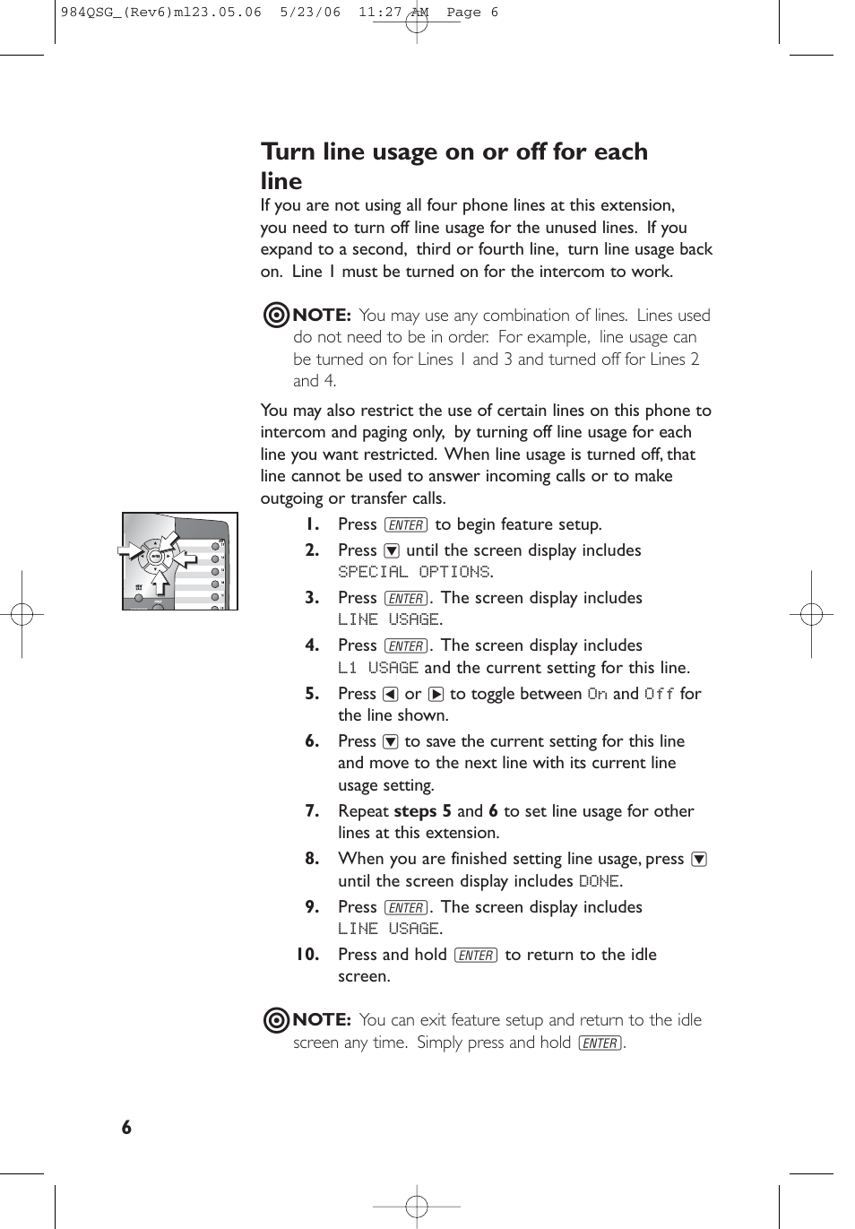 Turn line usage on or off for each line | AT&T 984 User Manual | Page 6 / 15