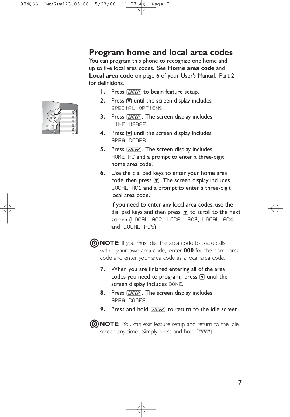 Program home and local area codes | AT&T 984 User Manual | Page 7 / 15