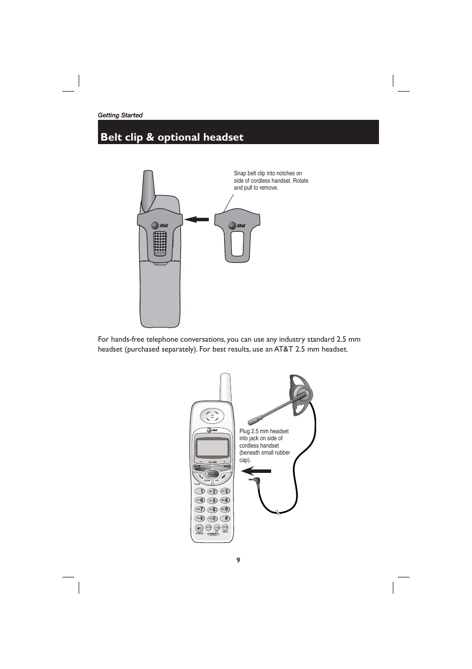 Belt clip & optional headset | AT&T E2728B User Manual | Page 13 / 60
