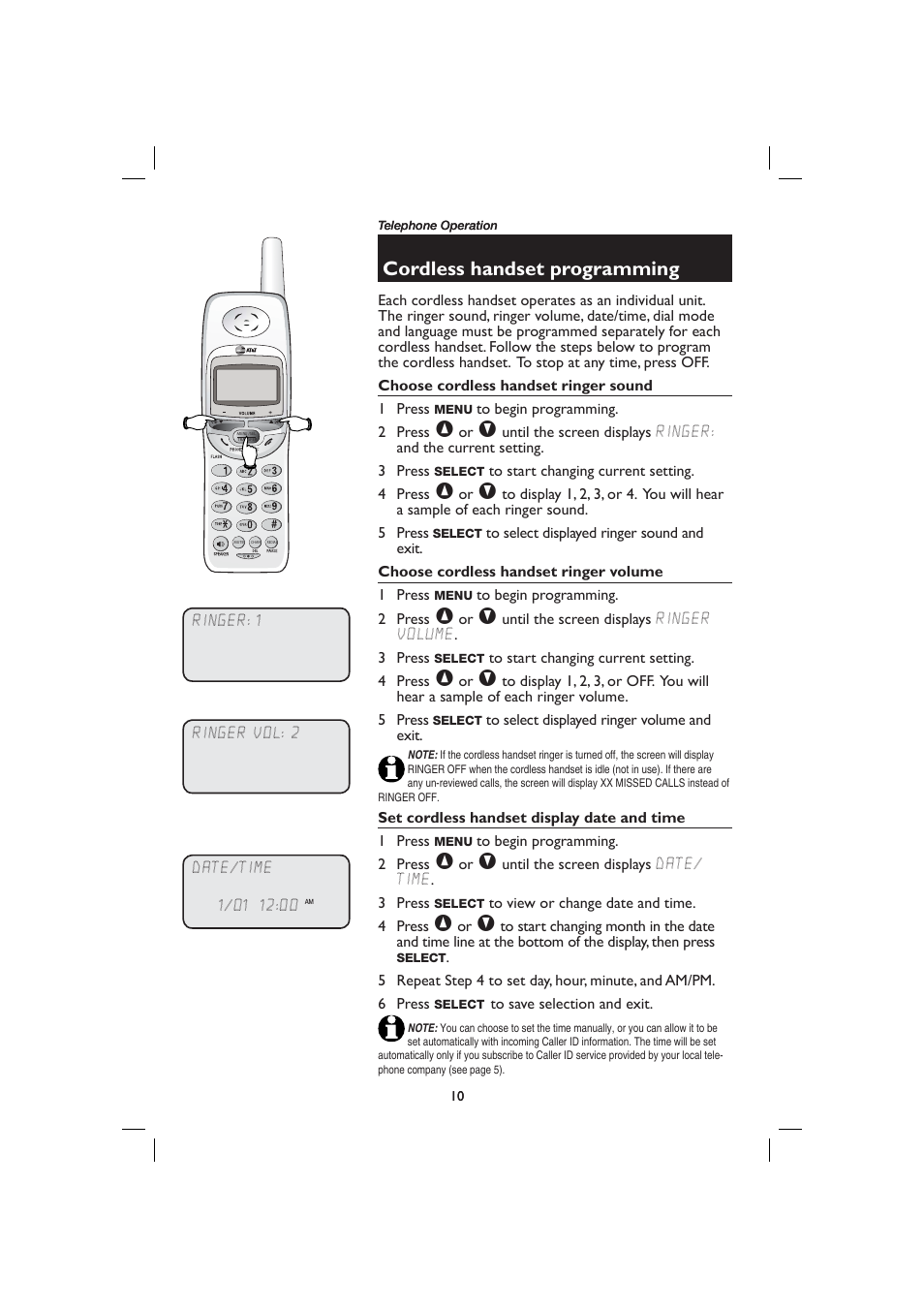 Telephone operation, Cordless handset programming, Choose cordless handset ringer sound | Choose cordless handset ringer volume, Set cordless handset display date and time | AT&T E2728B User Manual | Page 14 / 60