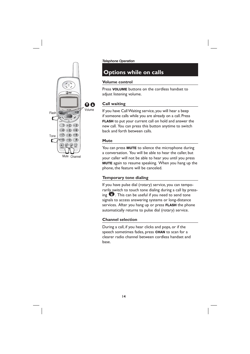 Options while on calls, Volume control, Call waiting | Mute, Temporary tone dialing, Channel selection | AT&T E2728B User Manual | Page 18 / 60