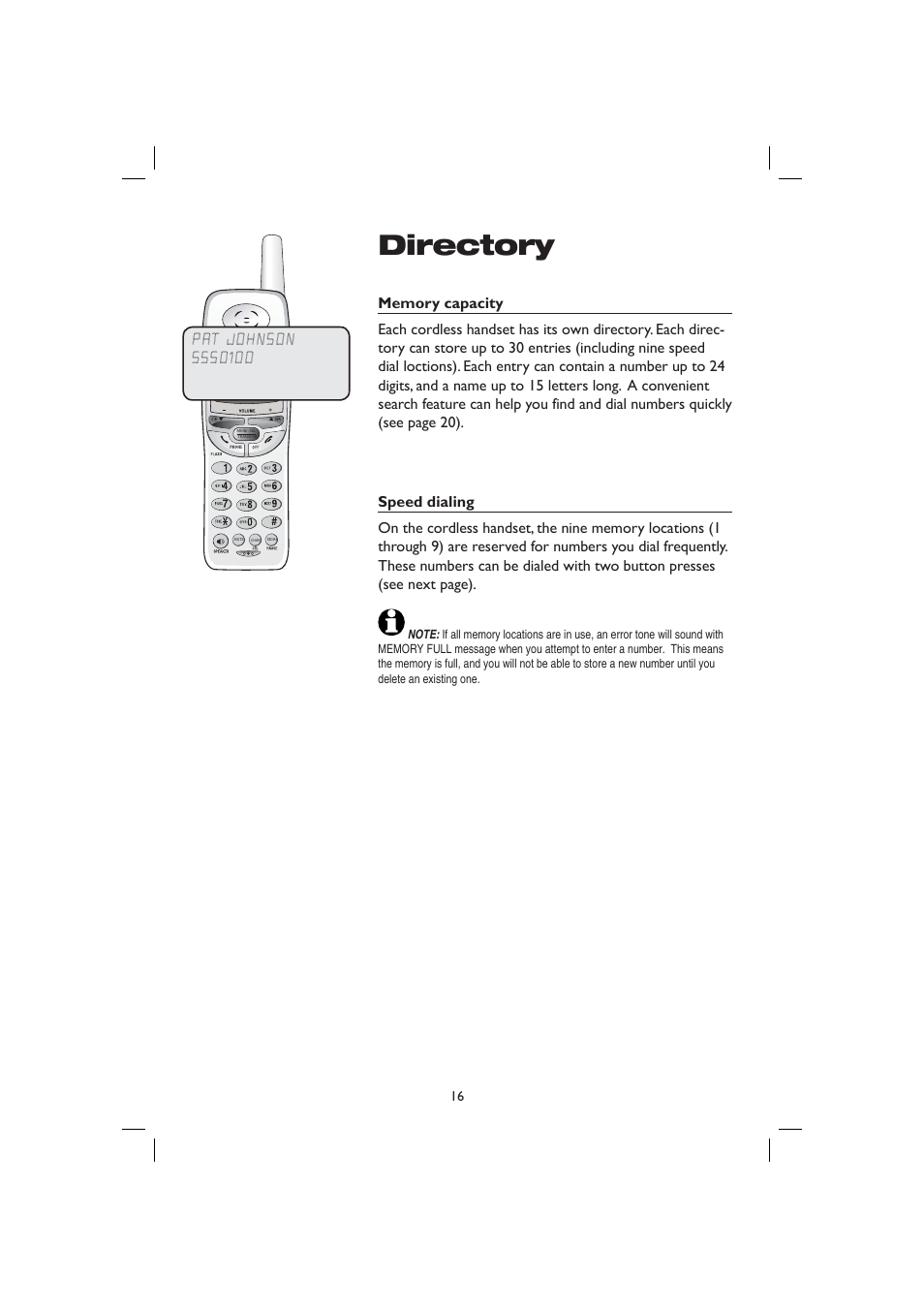 Directory, Memory capacity, Speed dialing | AT&T E2728B User Manual | Page 20 / 60