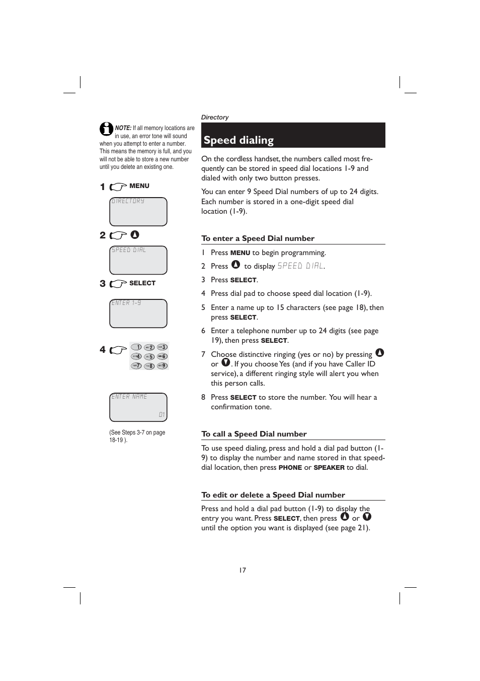 To enter a speed dial number, To call a speed dial number, To edit or delete a speed dial number | Speed dialing | AT&T E2728B User Manual | Page 21 / 60