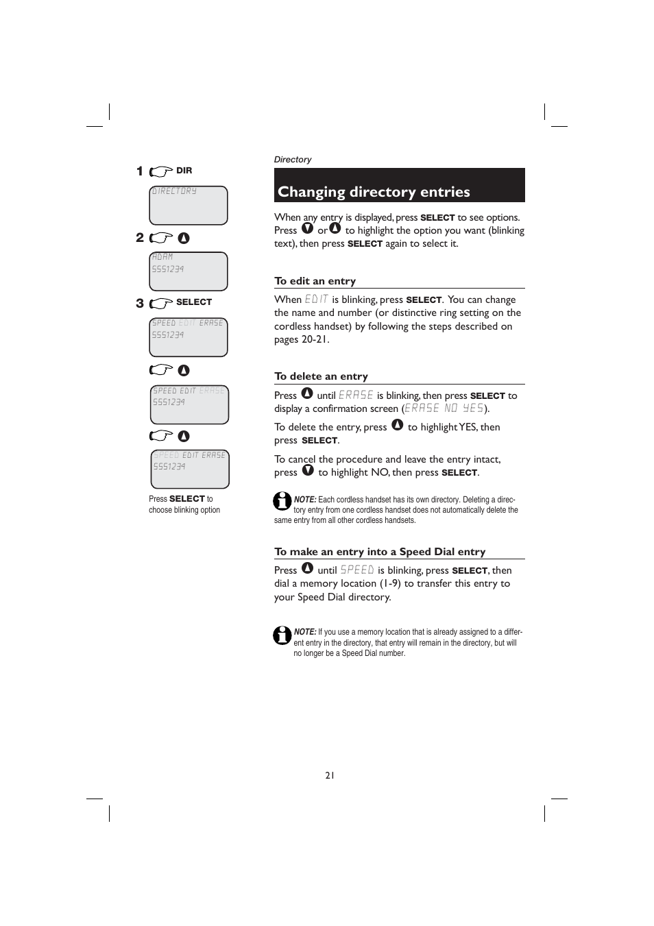 Changing directory entries, To edit an entry, To delete an entry | To make an entry into a speed dial entry | AT&T E2728B User Manual | Page 25 / 60
