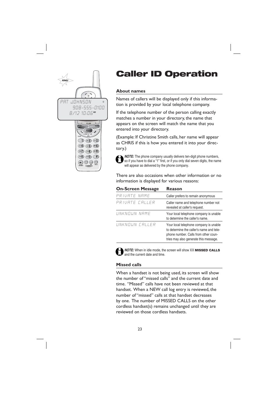 About names, On-screen message, Missed calls | Caller id operat | AT&T E2728B User Manual | Page 27 / 60